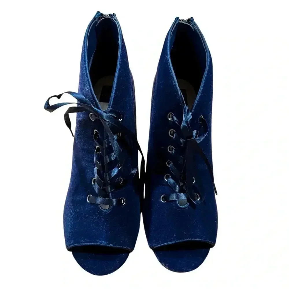 White House Black Market Blue Velvet Lace Up Boots Size 8.5 NWOT
